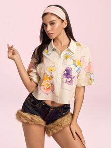 SHEIN X Care Bears قميص نسائي بأزرار مطبوع عليه رسومات كرتونية - لون مشمشي - مشاهدة 6
