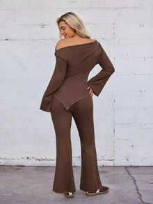 Voyena Plus Size Women's Brown Pinstripe Sportswear Set, Asymmetrical Shoulder Long Sleeve Top With Flare Pants 2 Pieces Set - Brown - View 2