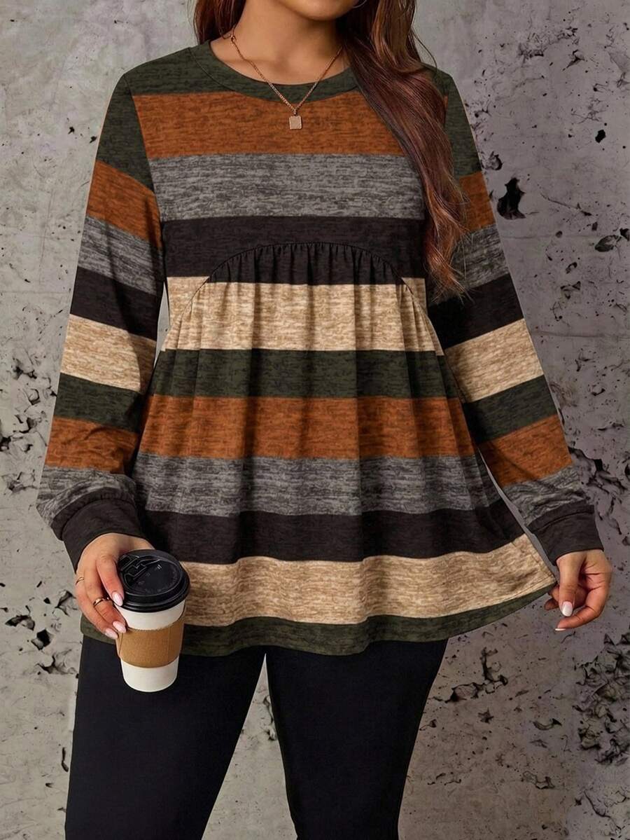 Comfylo Autumn Casual Minimalist Colorblock Striped Pattern Plus Size Women's Loose T-Shirt, Suitable For Autumn/Winter, Outwear, Christmas - Multicolor - View 1