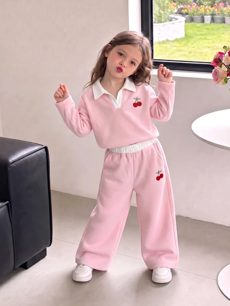 SHEIN 2pcs Young Girl T Shirt Wide Leg Pants Pink White Cherry Embroidery Elastic Waist Long Sleeve Polo Ribbed Fall Winter Preppy Party Holiday - Pink - View 1