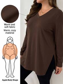 Shapeblank Plus Size Versatile Fashion Long Sleeve T-Shirt With Split Hem,Fall Outfits,Going Out Tops,Simple St - Brown - View 1