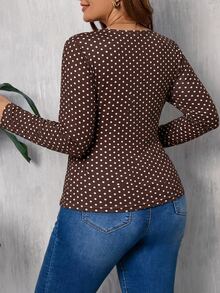 EMERY ROSE Vintage Brown Polka Dot Plus Size T-Shirt - Black and White - View 2
