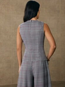 Anewsta Women's Autumn/Winter Modern Commute Welsh Plaid 3D Waist-Cinched Asymmetric Ruffle Hem Sleeveless Top - Grey - View 8