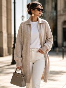 Velvienne Women's Oversized Long Knit Cardigan, Dropped Shoulder Lantern Sleeve Open Front No-Button Loose Casual Sweater Jacket, Autumn/Winter Outerwear - Apricot - View 6