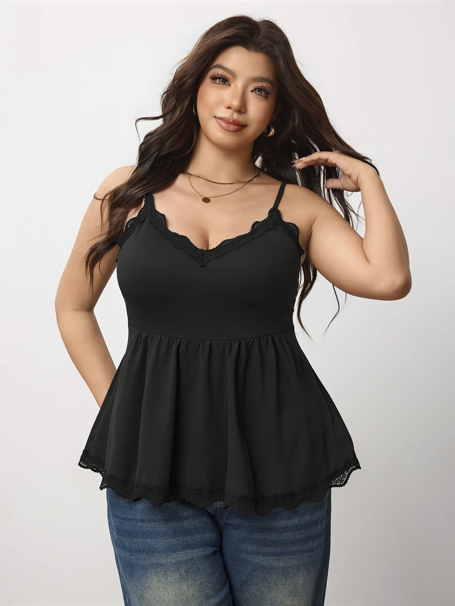 Enliva Plus Size Women's Elastic Lace-Trimmed Black Camisole Apple,Rounded Body - Black - View 1