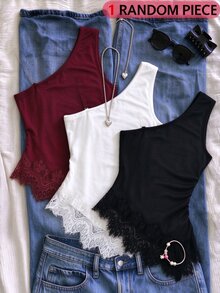 SHEIN 青少年女孩休閒單肩背心上衣 純黑色蕾絲飾邊不對稱下擺 柔軟針織面料 無袖細肩帶外出穿搭上衣 - 黑色 - 查看 1