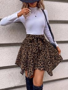 SHEIN LUNE 女款蝴蝶結豹紋不對稱裙，適合秋冬，冬季女裝，優雅女裙，萬聖節、聖誕節 - 彩色 - 查看 3