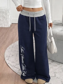 SHEIN Quần nỉ thể thao thường ngày cho bé gái tuổi teen, cạp chun rút, họa tiết chữ, phong cách casual - Màu xanh hải quân - Xem 5