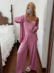 DAZY Women's Frill Trim Camisole And Solid Color Long Pants With Cardigan Pajama Set - Pink - View 5