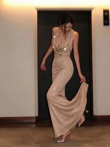 Penseblé New Women's Fashion Knit Dress, Champagne Gold Draped Neck Sequin Ruffle Collar Gold Thread Backless Bodycon Long Party Gathering Dress - Champagne - View 6
