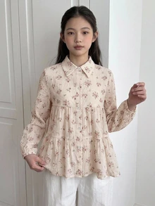 Dazy Kids 圓領可愛花卉長袖秋季甜美少女上衣 - 杏色 - 查看 5
