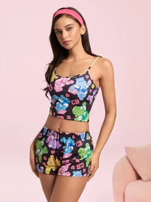 SHEIN X Care Bears CARE BEARS Academy Style Bear English Heart Black All-Over Print Camisole & Shorts Pajama Set - Black - View 6