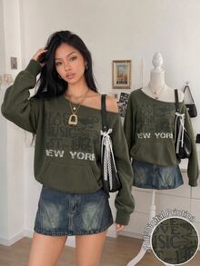 Lalippa Asymmetrical Shoulder Letter Print Pocket Sweatshirt Streetwear - Army Green - View 1