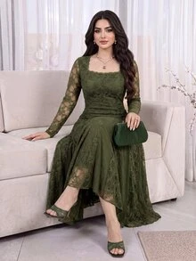 Feyla Women's Square Neck Long Sleeve Elegant Lace Dress - Black - View 3