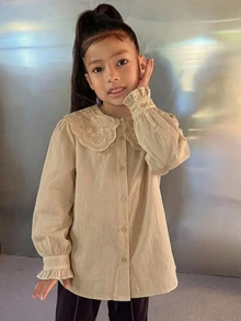 Dazy Kids 青少年女孩秋季服飾 女孩 (大號) 蕾絲娃娃臉泡泡袖長袖甜美襯衫 - 杏色 - 查看 2