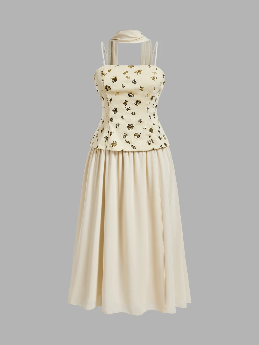 SHEIN MOD Plus Size Women's Floral Sequin Elegant Spaghetti Strap Dress - Khaki - View 1