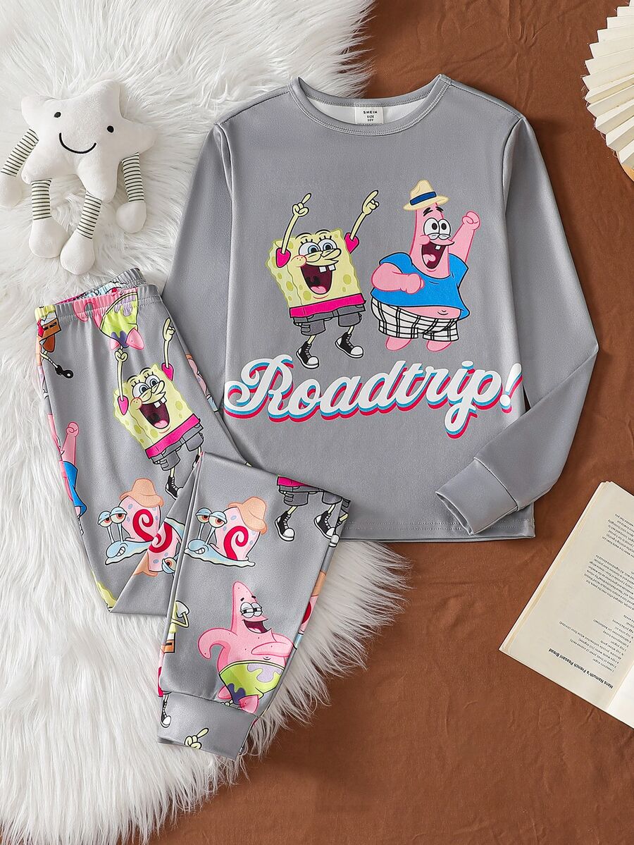 SpongeBob SquarePants | SHEIN GraphicGems 青少年男孩時尚可愛卡通圖案長袖上衣與長褲舒適修身布料居家休閒套裝 - 淺灰色 - 查看 1