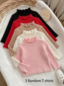 SHEIN 3件組女嬰長袖高領上衣套裝－黑色－適合秋冬，隨機3件 - 粉色 - 查看 4