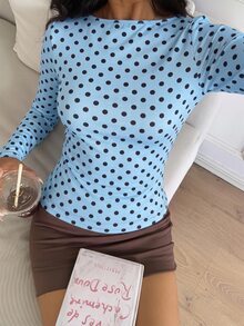 Muchica 女款長袖T恤：修身剪裁、百褶設計、淺藍色配黑色波點－秋冬百搭日常必備款 - 水鴨藍 - 查看 4