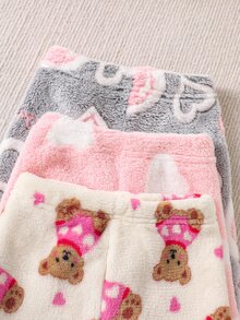 SHEIN 3件組女嬰冬季長褲，奶油色、淺粉色、粉色，柔軟甜美風草莓花蝴蝶結滿版印花，鬆緊腰，寬鬆直筒版型 - 灰色 - 查看 4