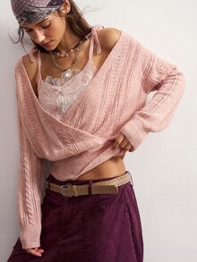 Bohemela Women's Camisole Inner Layer And Solid Color Long Sleeve Knit Top 2 Pieces Set - Pink - View 6