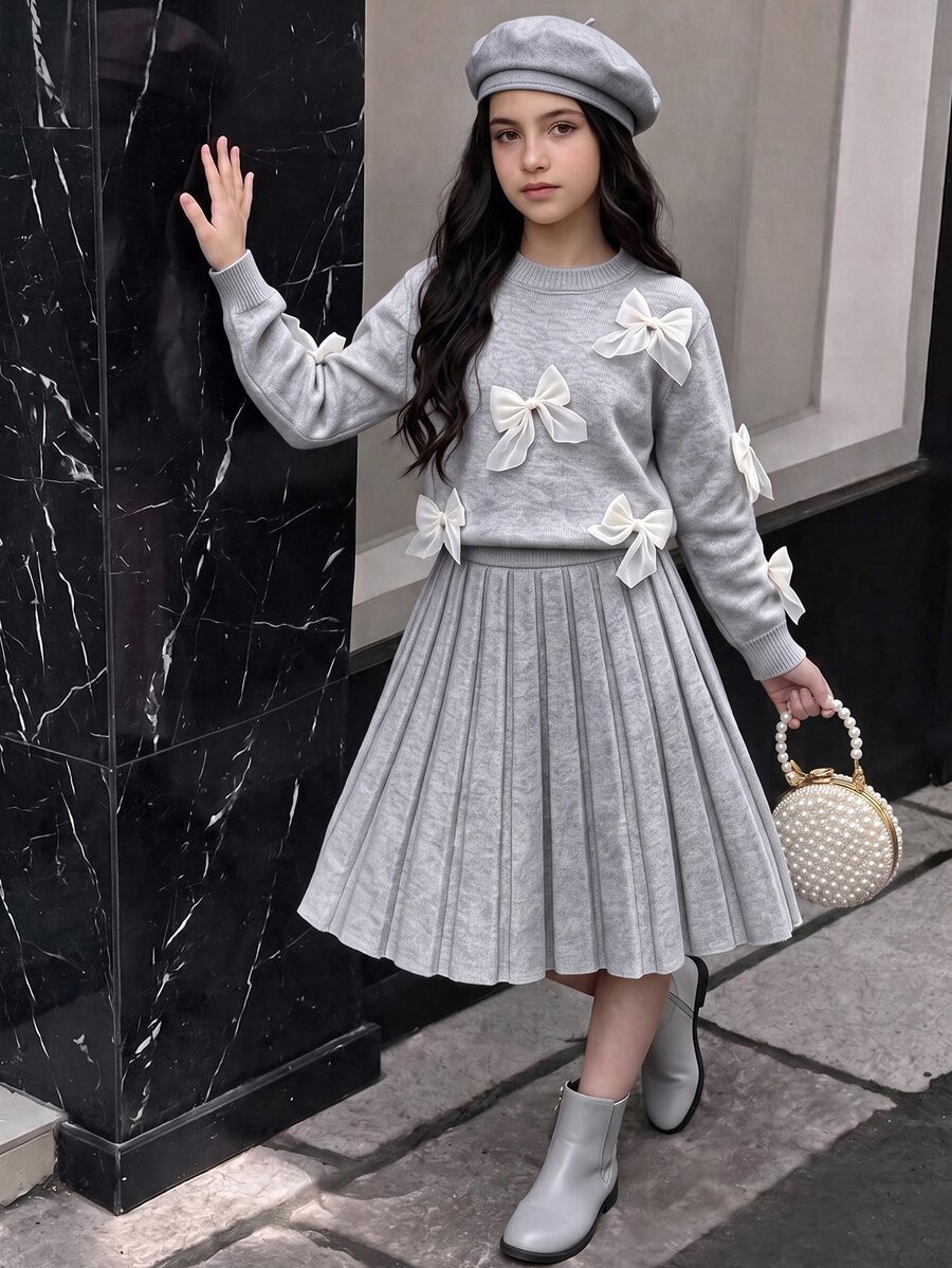 SHEIN Tween Girl 女童針織衫套裝 彩色蝴蝶結圓領落肩長袖套頭毛衣 + 成套百褶裙 秋冬套裝 - 灰色 - 查看 1
