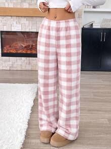 SHEIN Tween Girl 寬鬆休閒百搭抽繩口袋寬腿運動長褲 米色格紋紋理冬季長褲 - 彩色 - 查看 4