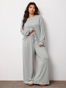 Enliva Plus Size Stripe Two Pieces Lounge Set With Elastic Waist Pants Compatible With Apple Body Round Body - Apricot - View 7