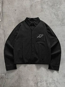 AXEPEAK Men's Fashionable Casual Striped Print Button-Up Shirt - Black - View 1