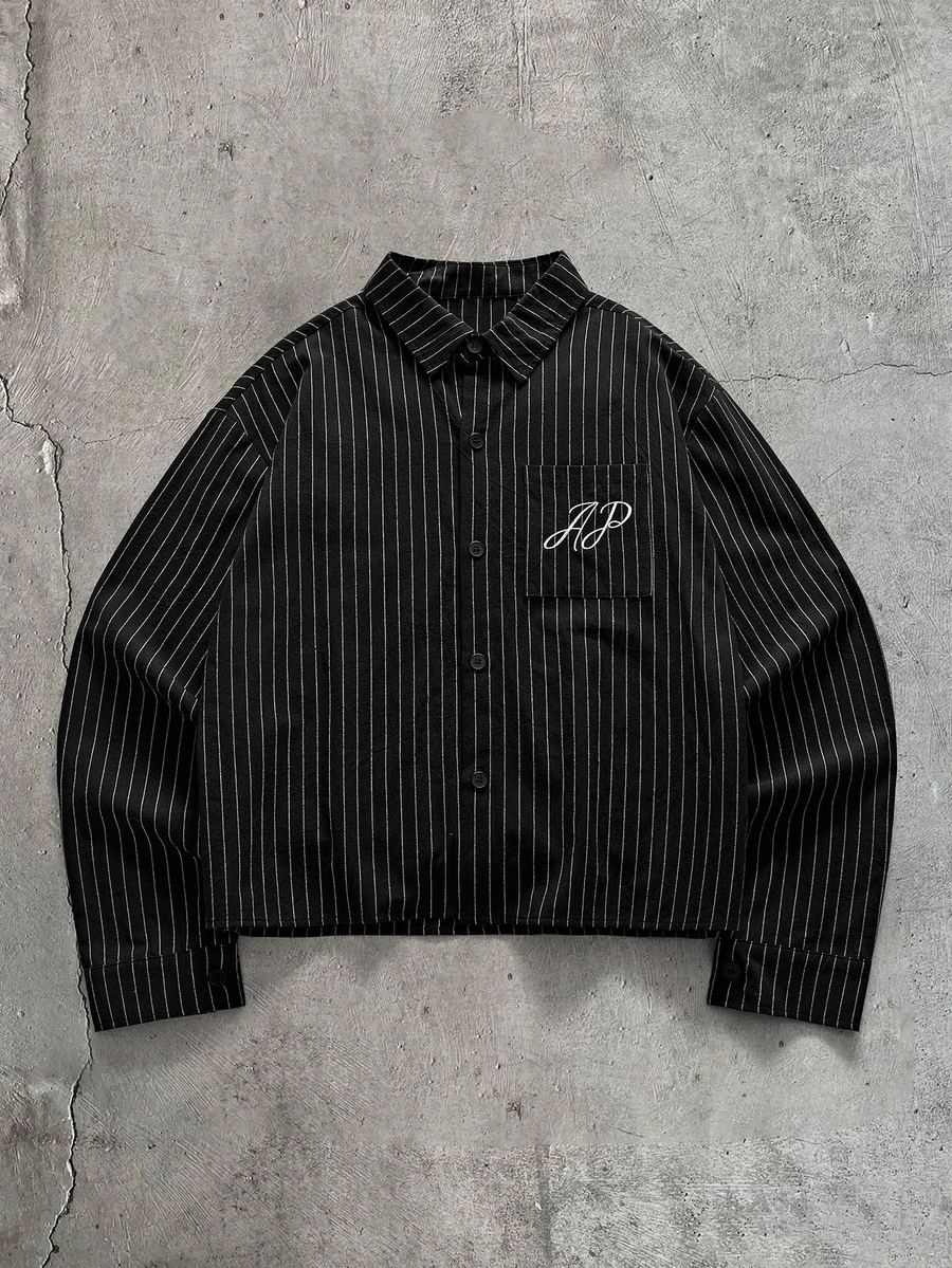 AXEPEAK Men's Fashionable Casual Striped Print Button-Up Shirt - Black - View 1