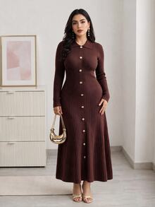 Modelyn Đầm len dệt kim nữ size lớn màu trơn phong cách thường ngày mùa hè - Cà phê nâu - Xem 6