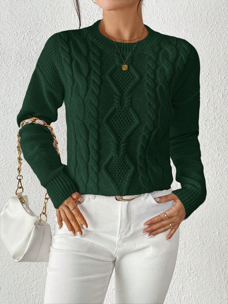 Sprig & Strand Cable Knit Drop Shoulder Sweater,Long Sleeve Tops Knit Pullover Fall Winter - Dark Green - View 1