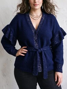 Linhara CURVE Plus Size Women's Sequin V-Neck Knit Cardigan - Royal Blue - View 6