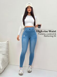 SHEIN Essnce 女款時尚百搭高腰彈性修身牛仔褲 - 藍色 - 查看 4