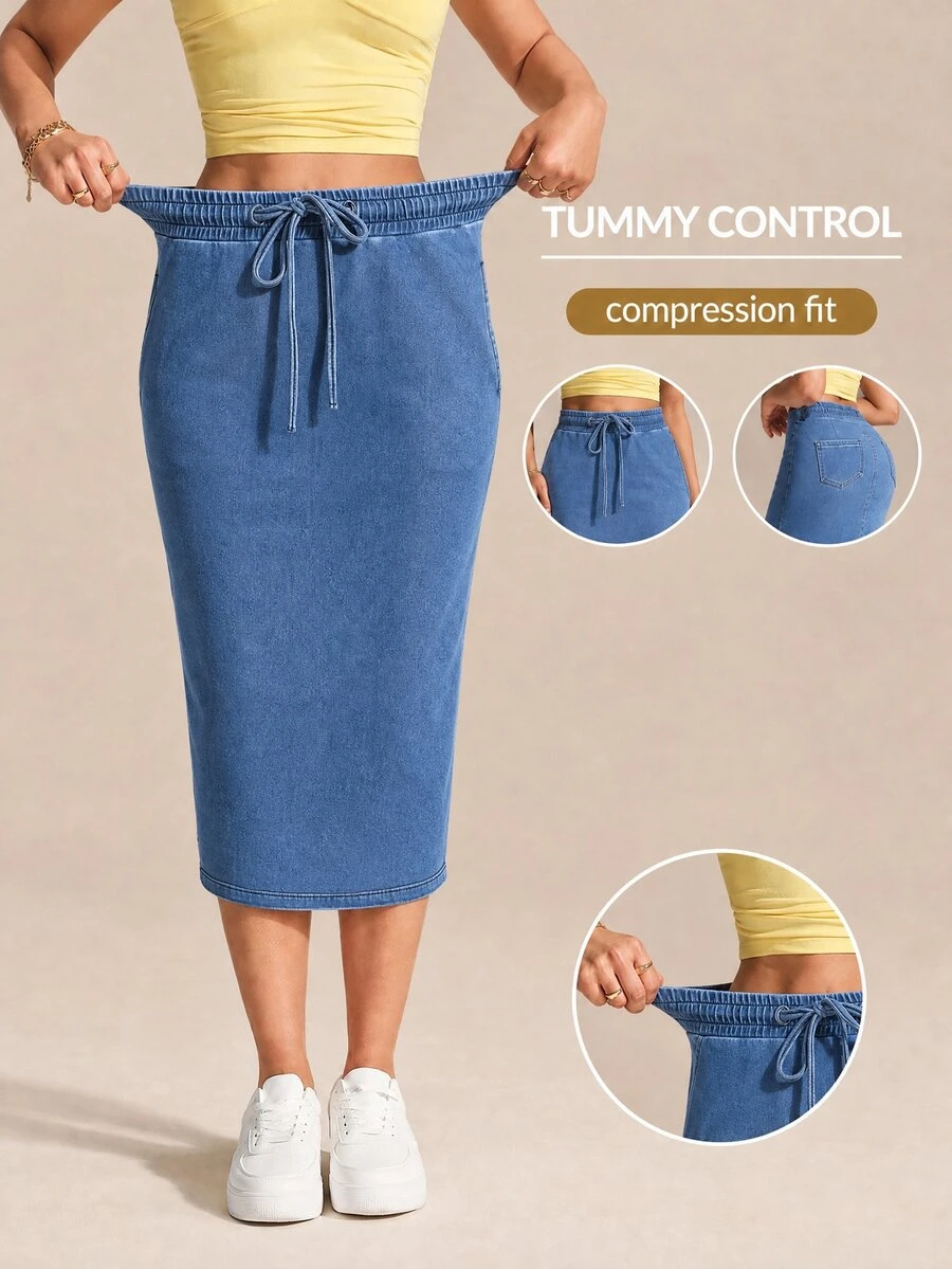 Flexra Chân váy denim nữ thường ngày phong cách casual có dây rút ở eo - Màu xanh lam - Xem 1