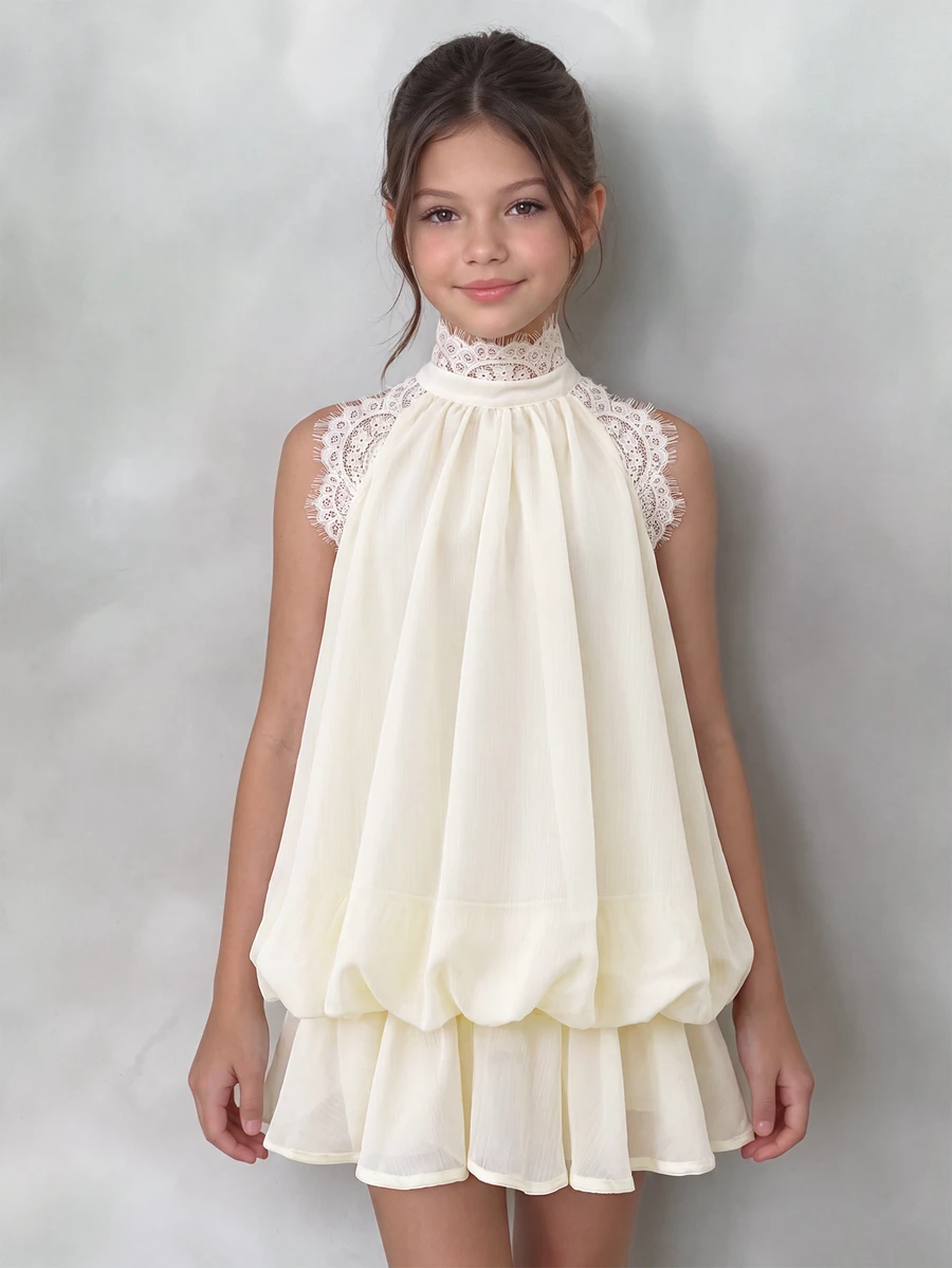 Tween Girl Tween Girl Tween Girl Apricot Patchwork Lace Trim Stand Collar Halter Neck Tie Mini Dress - Apricot - View 1