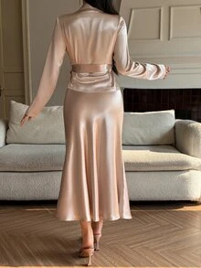 DAZY Women's Solid Color Waist Knot Long Sleeve Jacket And Skirt Casual 2 Pieces Set - Apricot - View 4