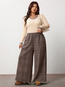 Enliva Plus Size Elastic Waist Plaid Straight Leg Loose Pants Compatible With Apple Body Round Body - Brown - View 5