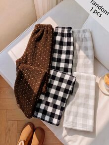 SHEIN 青少年女孩寬鬆休閒百搭抽繩口袋寬腿運動長褲 米色格紋紋理冬季長褲 - 彩色 - 查看 6