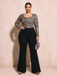 SHEIN SXY 女款大尺碼秋季方領休閒極簡斑馬紋連身衣，秋冬性感修身連身衣，Y2K優雅外出穿搭 - 彩色 - 查看 3