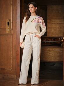 Anewsta Gentle Mori Style Heavy Embroidery Colorful Floral Knit Sweater, Cream Apricot Round Neck Loose Fit Slimming Long Sleeve Pullover - Apricot - View 3