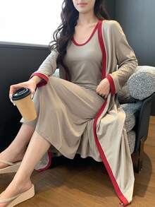 DAZY 2pcs Contrast Color Long Strap Dress & Long Cardigan Robe Autumn Women's Sleepwear Set - Camel - View 5