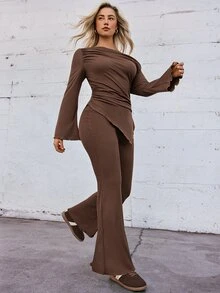 Voyena Plus Size Women's Brown Pinstripe Sportswear Set, Asymmetrical Shoulder Long Sleeve Top With Flare Pants 2 Pieces Set - Brown - View 7