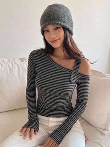 Dazy Kids Áo thun streetwear tay dài lệch vai phối màu colorblock kẻ sọc cho bé gái tuổi teen - Xám - Xem 6