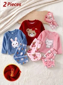 女童幼兒可愛卡通熊蝴蝶結風格軟厚法蘭絨圓領長袖熊圖案上衣搭配粉色滿版熊圖案長褲 2件套保暖家居服，適合秋冬戶外穿著 - 紅色 - 查看 9