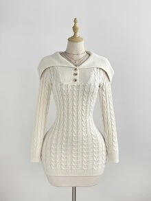 Elamini Women's Button Half-Placket Cable Knit Long Sleeve Dress - Apricot - View 3