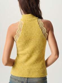 Bohemela Women's Sweet Lace Patchwork High Neck Tank Top - Yellow - View 5