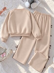 SHEIN 青少年女孩 2 件套抓絨套裝，秋季風格 NYC 字母印花圓領衛衣與豹紋側條紋蝴蝶結裝飾運動長褲套裝，休閒秋季服飾 - 杏色 - 查看 2