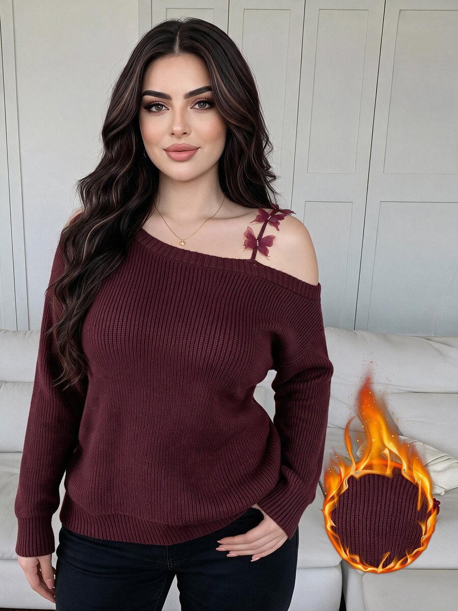 Feyla Plus Size Women Solid Color Cold Shoulder Casual Daily Wear Sweater - Burgundy - View 1