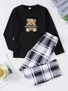 SHEIN 青少年男孩卡通熊印花長袖上衣與格紋長褲居家休閒套裝 - 彩色 - 查看 8